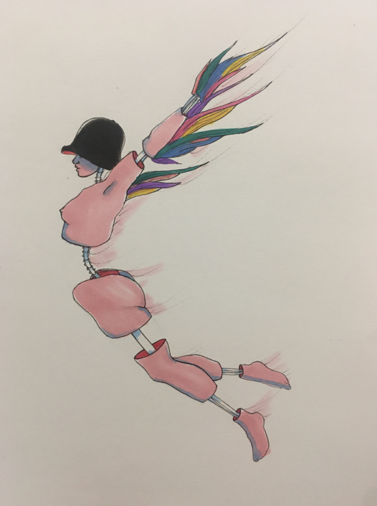 color drawing of a bionic woman with wings