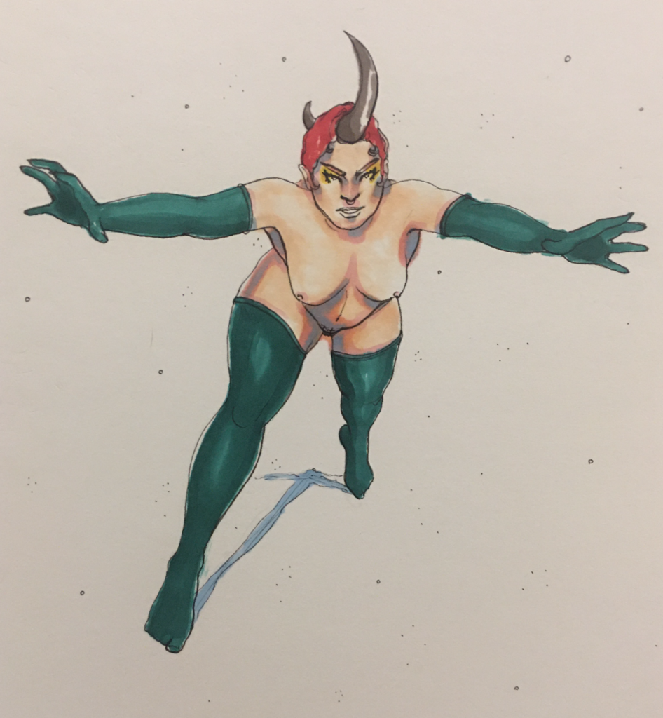 color drawing of a woman grasping towards the viewer, what looks like a hook stuck in her head