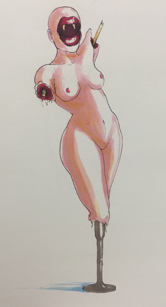 color drawing of what looks like a half-woman, half-mannequin with lips and fangs instead of a regular face