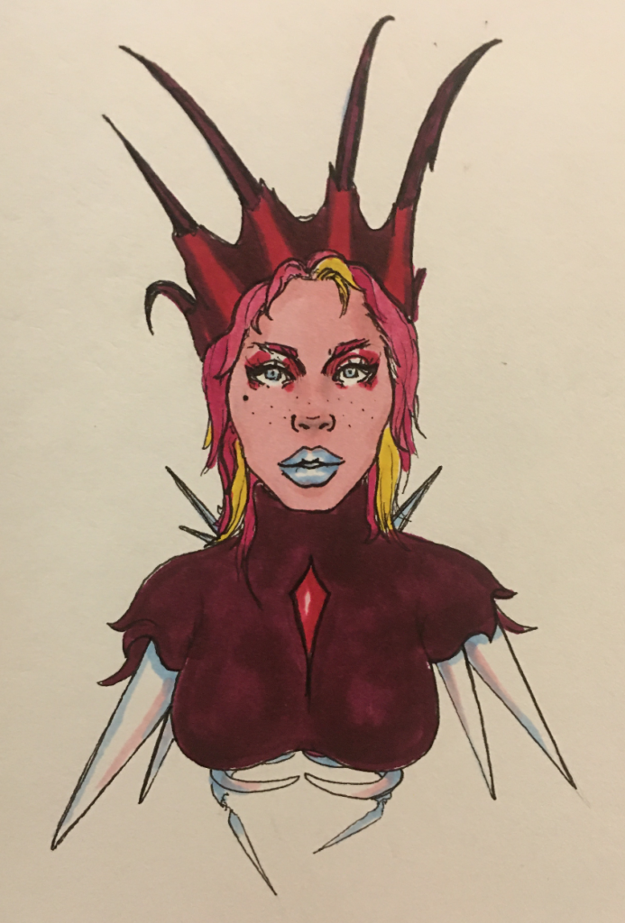 color drawing of a woman with spikes sprouting from her shoulders, torso, and skull
