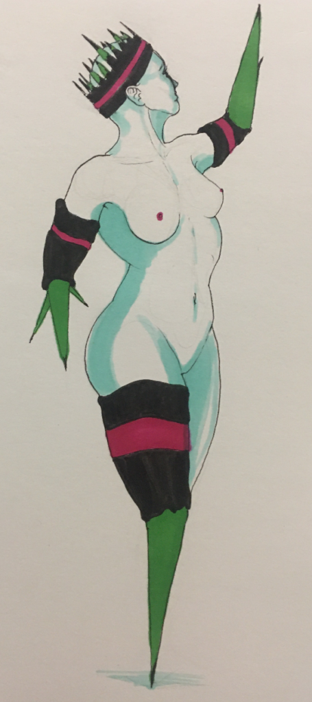 color drawing of a nude woman with spikes for arms and legs