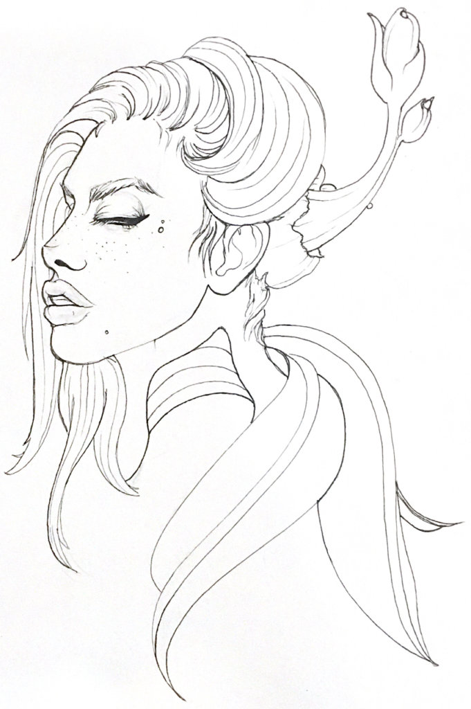 Black and white drawing of a woman's face, flowers and leaves growing from her neck and scalp