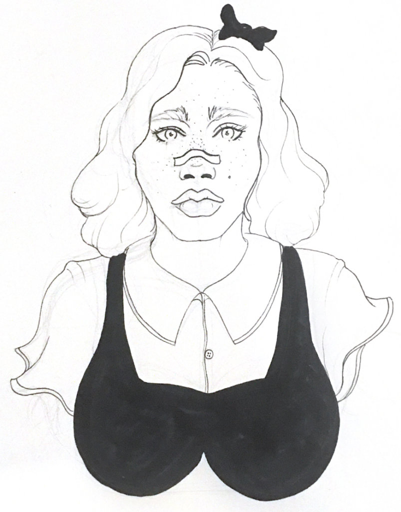 Black and white drawing of a woman with curly hair, big breasts, and a bandage over her nose
