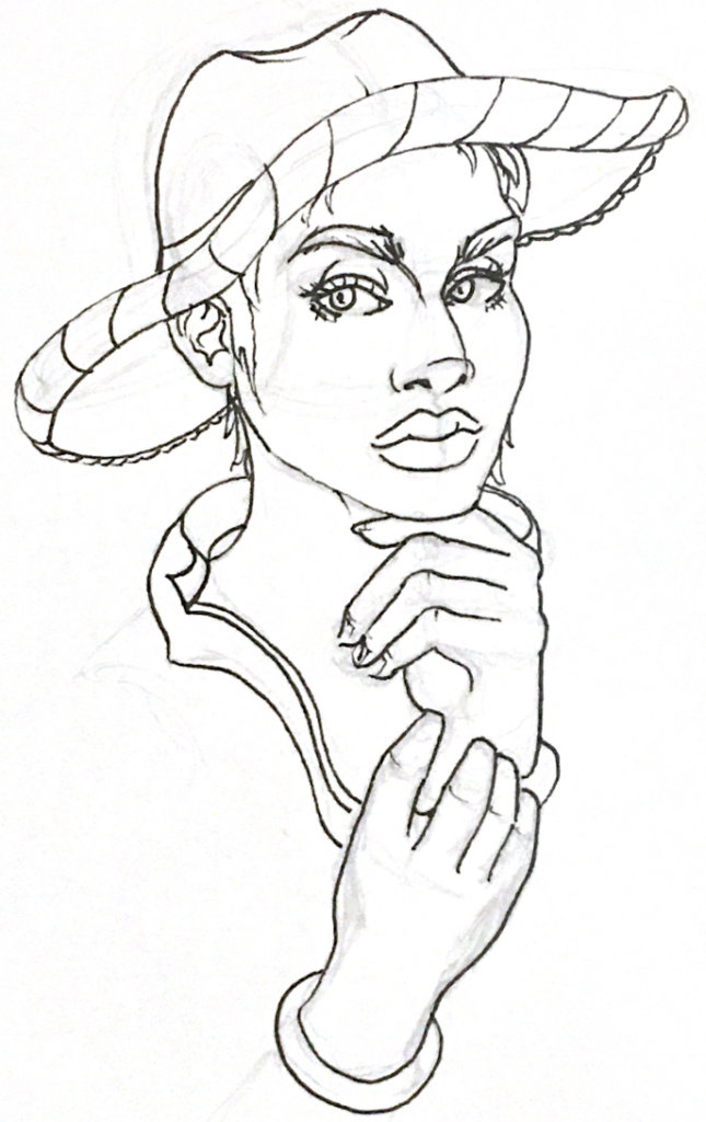 Black and white drawing of a farmer girl, with a sunhat