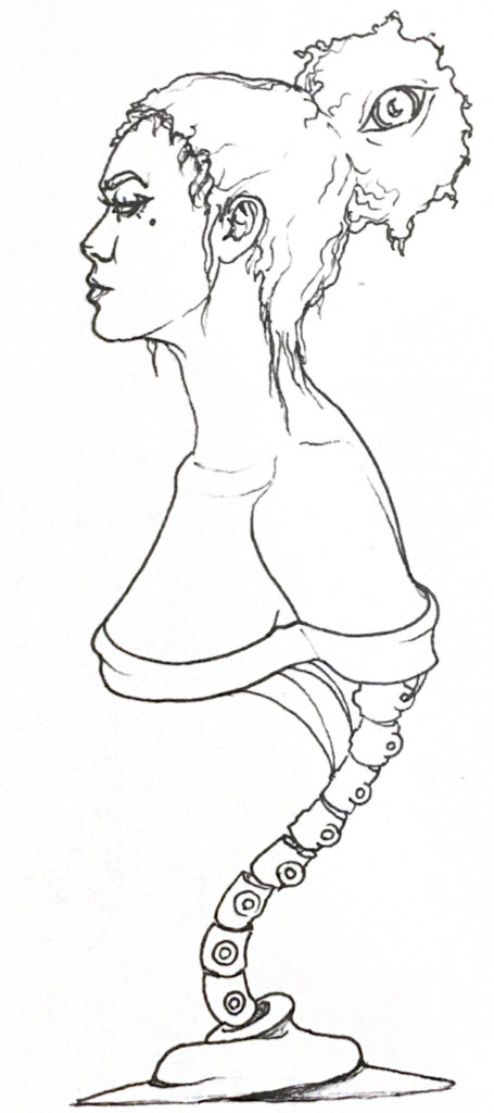 Black and white drawing of the profile of a woman who appears to be mounted by her spine - she has her hair in a bun and an eye growing out of it