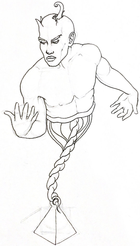 Black and white drawing of a man whose intestines are leading from his torso to a pyramid-shaped weight no the ground