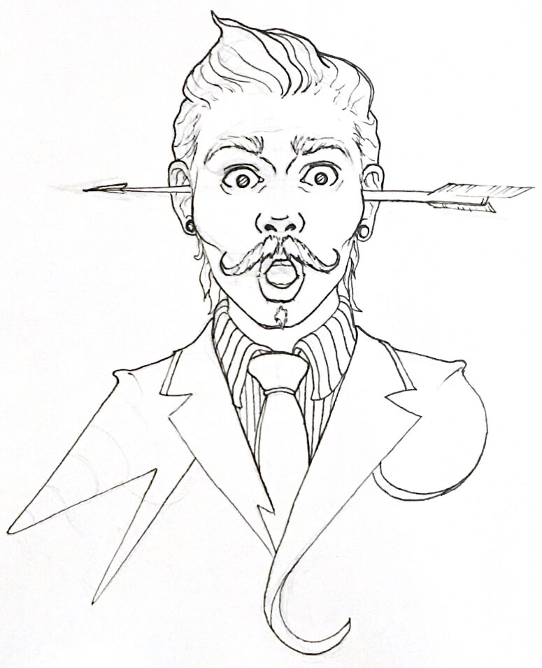 a black and white drawing of a man with an arrow through his head, wearing a suit, with a shocked expression on his face