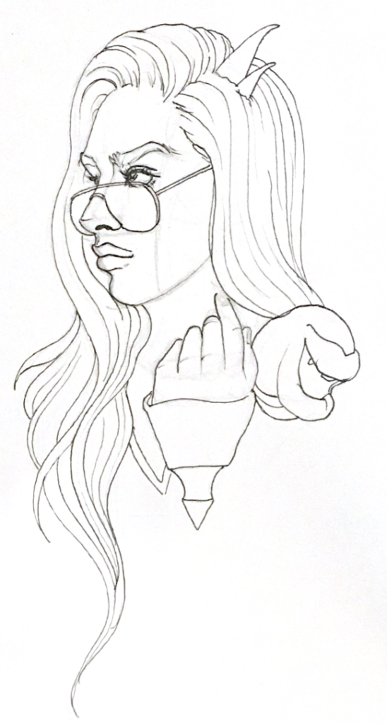 a black and white drawing of a woman wearing sunglasses, with long hair and horns sprouting from her skull