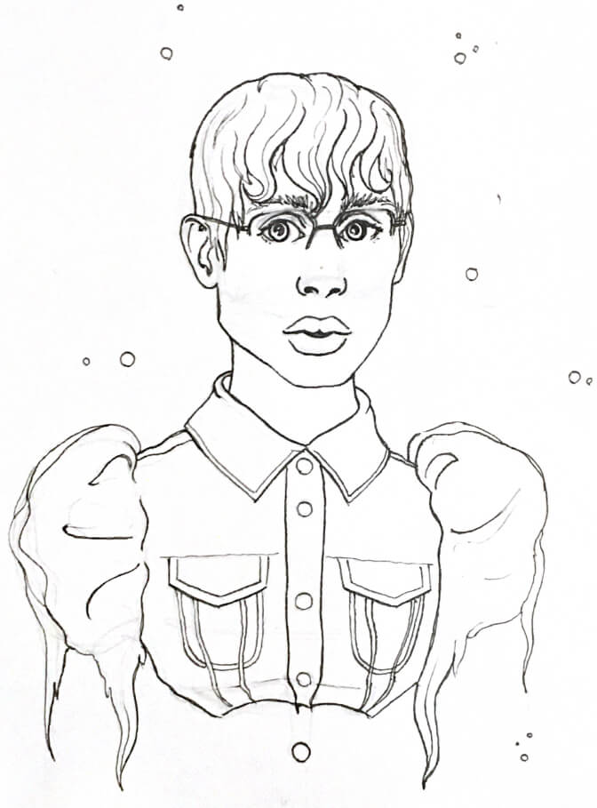 a black and white drawing of a robotic-looking person with glasses