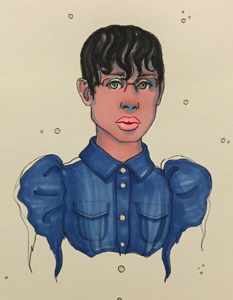a color drawing of a robotic-looking person with glasses