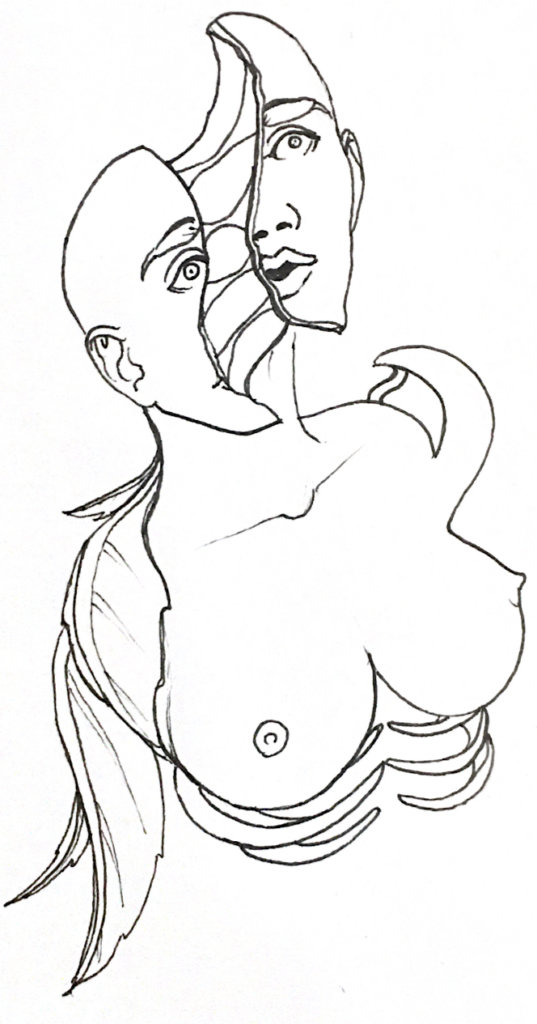 a black and white drawing of a person with their face splitting in half and rib cage exposed under their torso, leaves draping down their shoulders