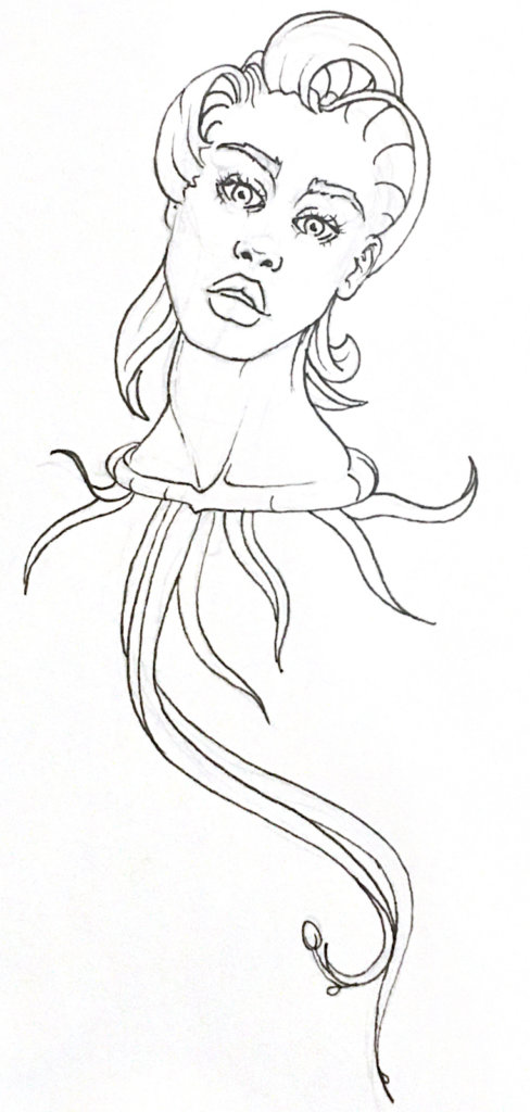 a black and white drawing of a floating alien head with tendrils falling out their neck