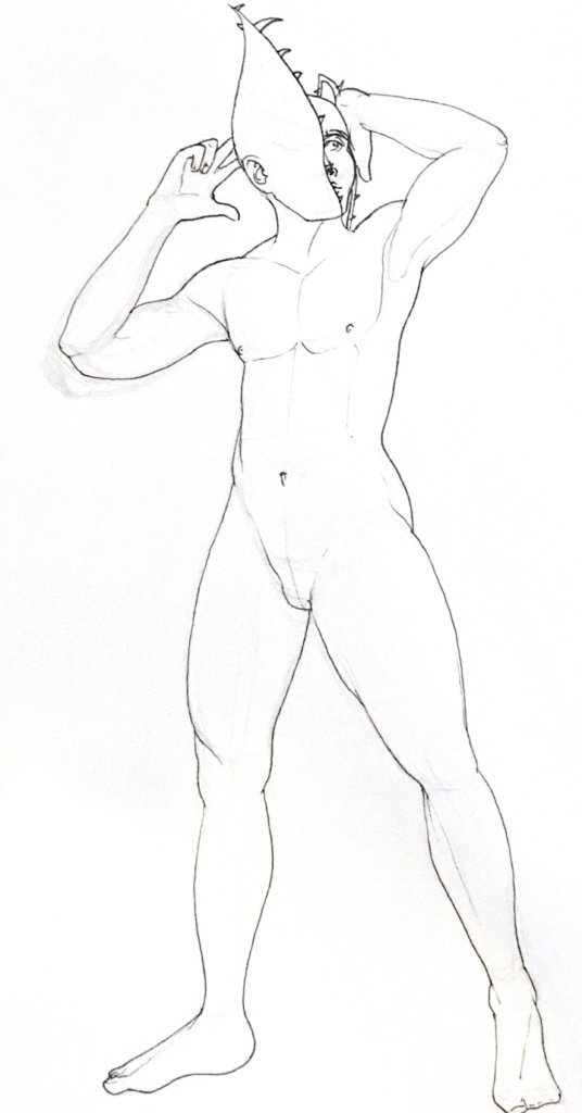 a black and white drawing of a nude man with his face nearly enclosed by what looks like a venus fly trap