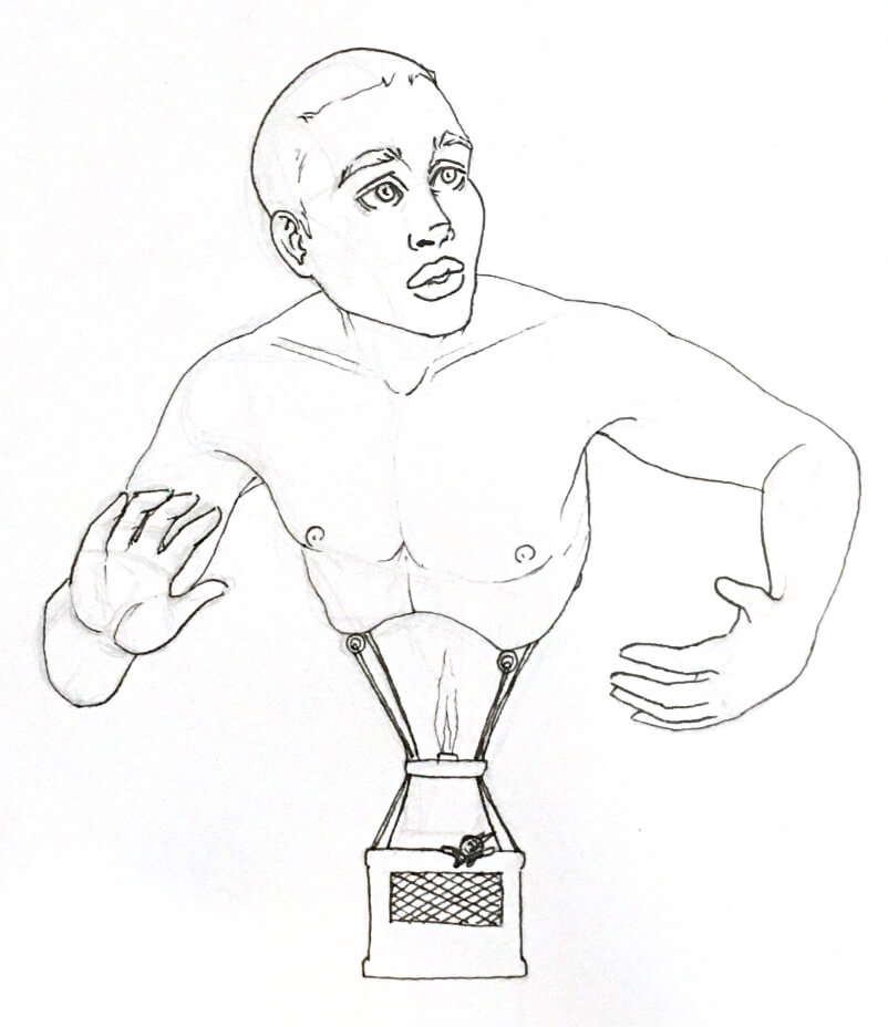black and white drawing of a man as a hot air balloon