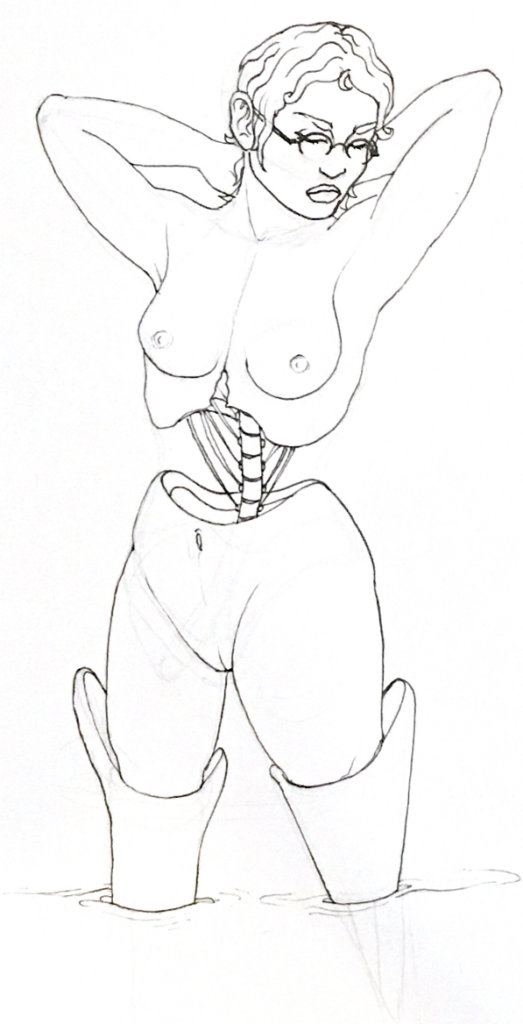 black and white drawing of a woman whose spine is exposed