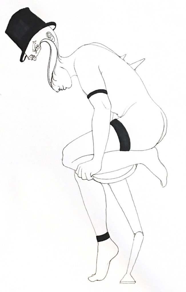 a black and white drawing of a man with a warped face, balancing on a robotic stool