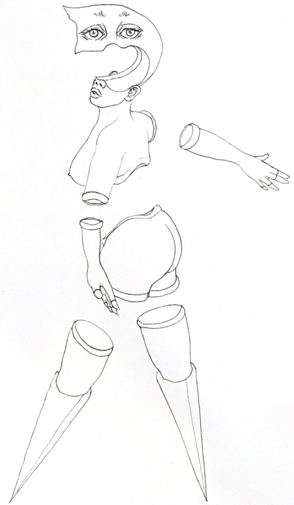 a black and white drawing of a woman with missing joints and a strangely distorted face