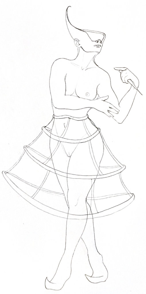 a black and white drawing of a nude woman with a missing face and a big hoop skirt