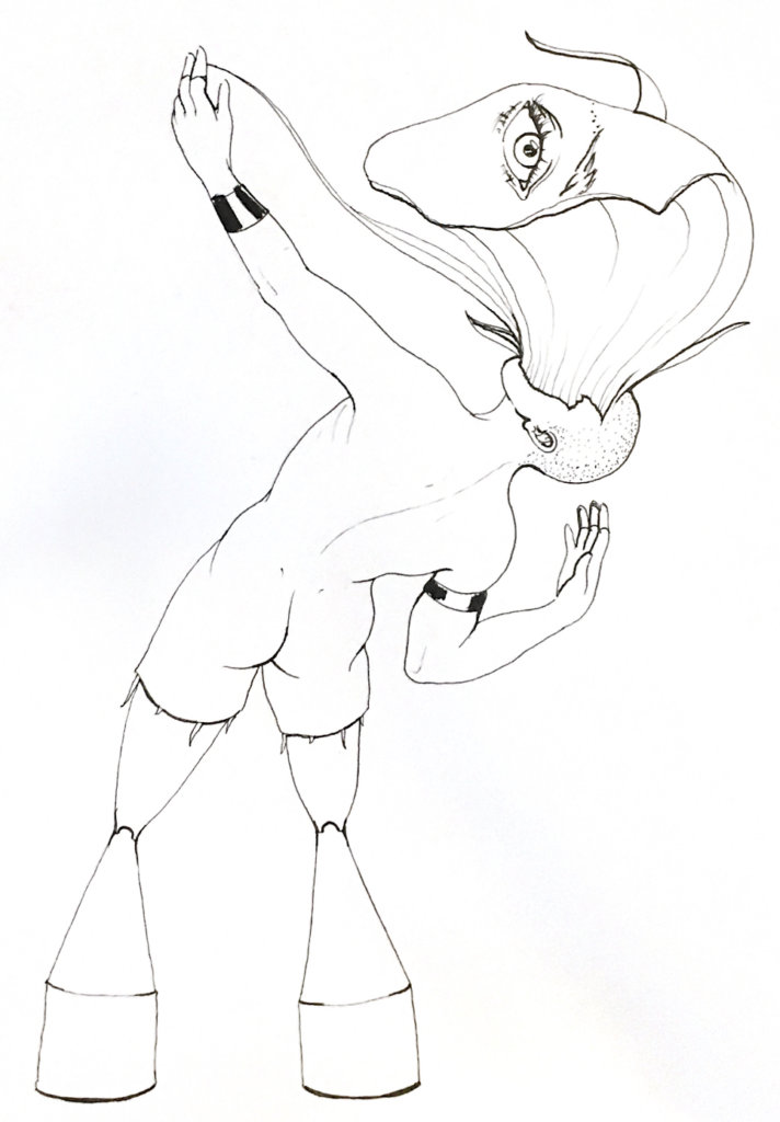 a black and white drawing of a person bending backwards, their face rocketing out of their skull