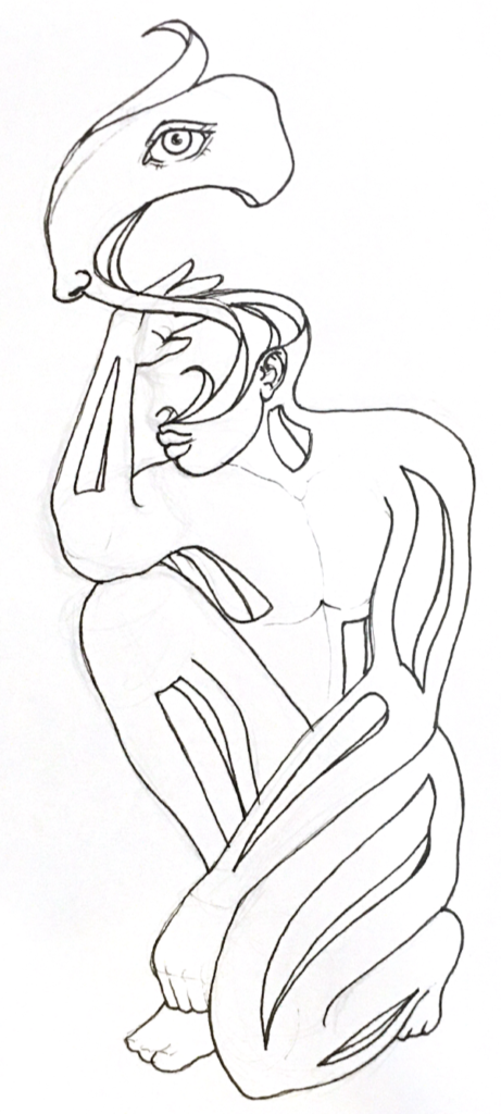 black & white drawing of a crouching man whose skin is unraveling and chunks missing