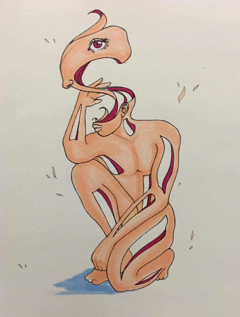 color drawing of a crouching man whose skin is unraveling and chunks missing