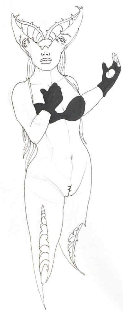 black & white drawing of a woman with bits of her body looking more like a venus fly trap than body parts