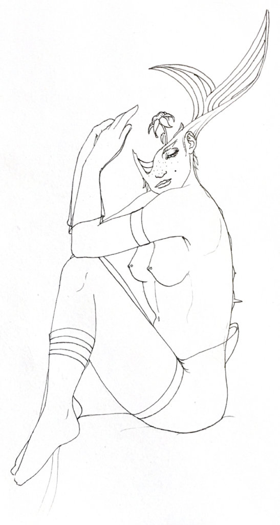 black & white drawing of a woman whose skull is exposed, revealing a flower growing