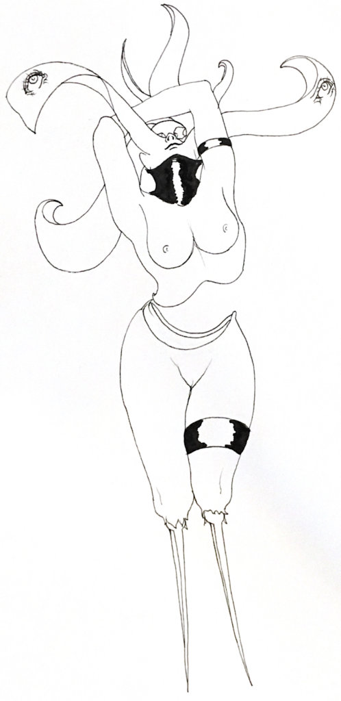 black & white drawing of a woman with her arms over her head, different parts of her face separating into flowing ribbons
