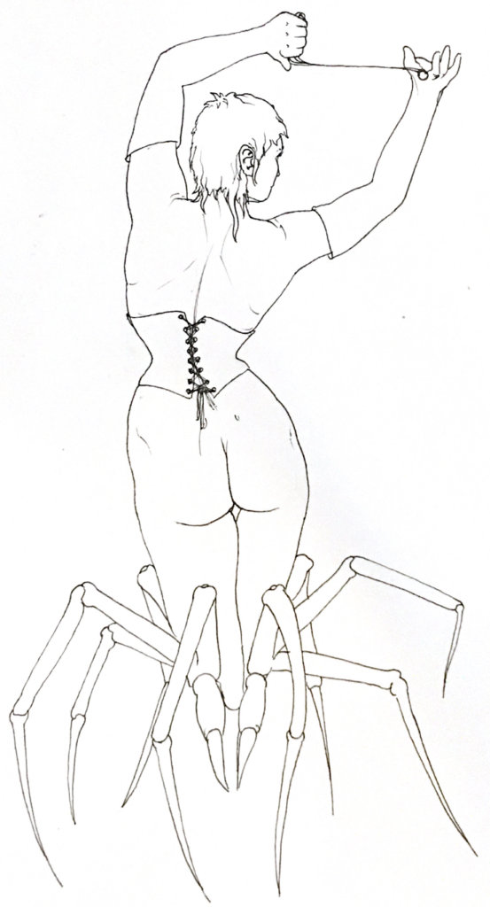 black and white drawing of a woman clad in latex, with a giant spider for legs