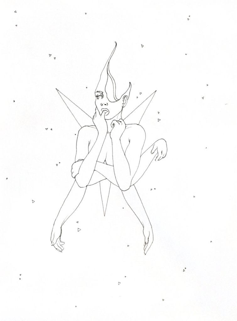 black & white drawing of a woman with a distorted head and multiple arms