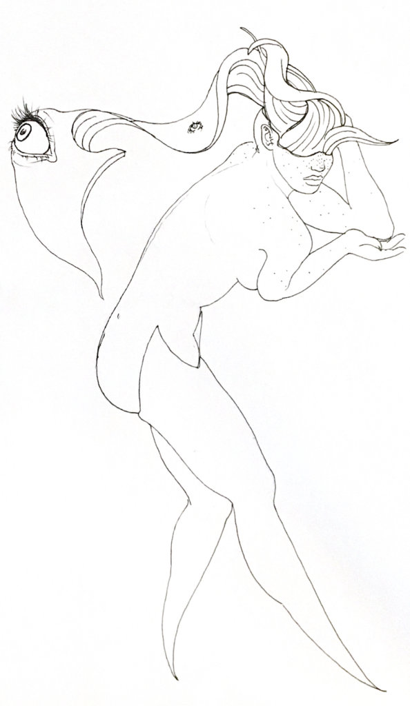 black & white drawing of a woman with the top half of her head floating away