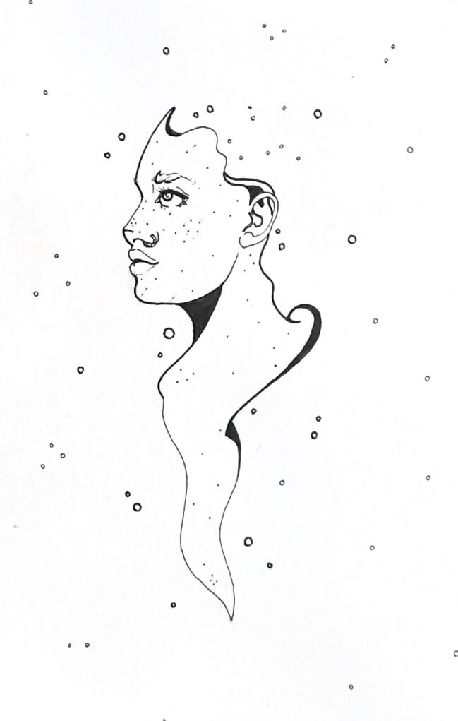 black and white drawing of a woman with a distorted skull and shoulders