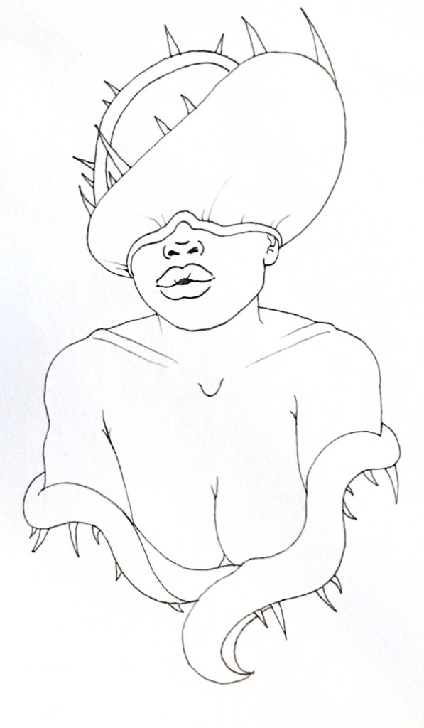 black and white drawing of a woman with a venus fly trap for a head