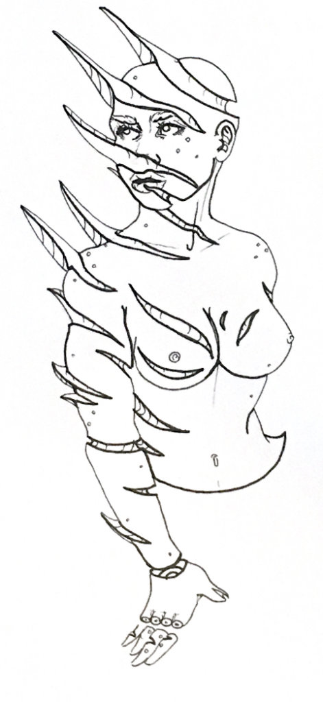 black and white drawing of a woman with cut marks all over her body