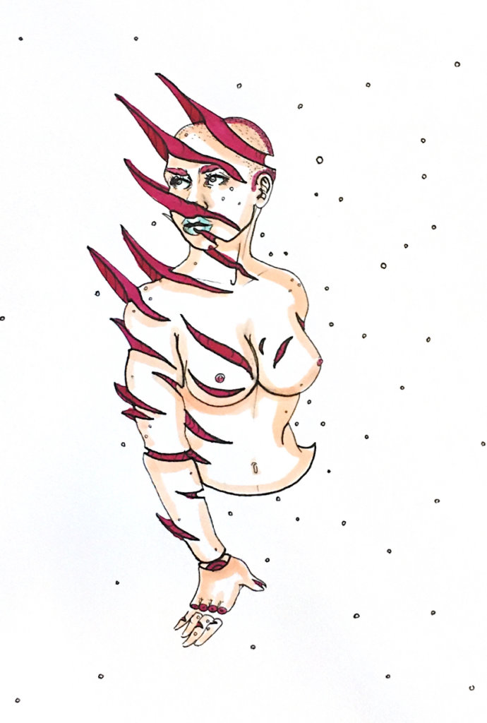 color drawing of a woman with cut marks all over her body