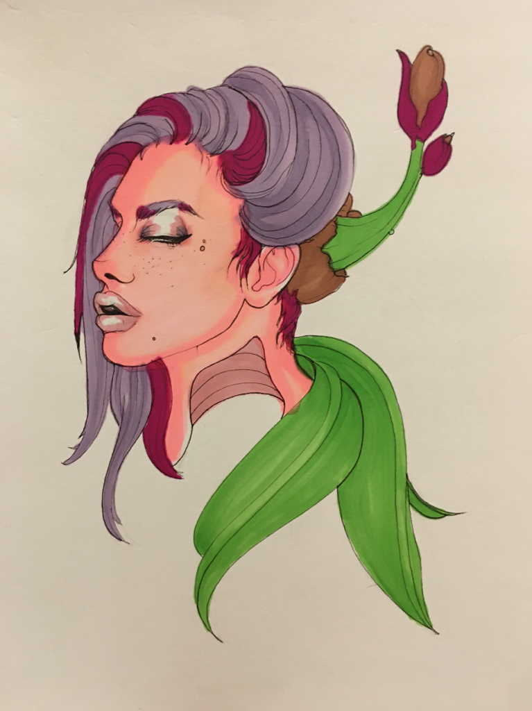 Color drawing of a woman's face, flowers and leaves growing from her neck and scalp
