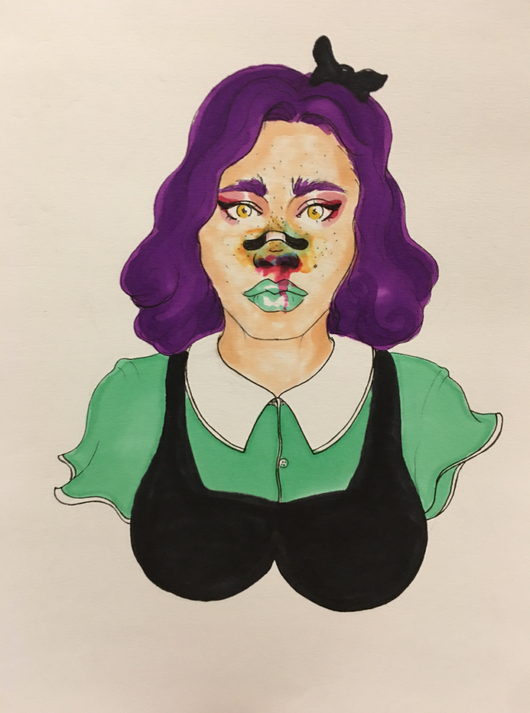 Color drawing of a woman with curly hair, big breasts, and a bandage over her nose