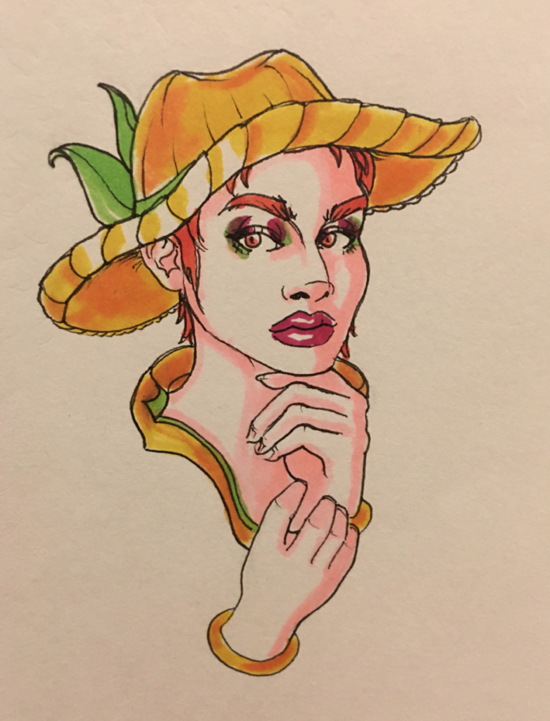 Color drawing of a farmer girl, with a sunhat