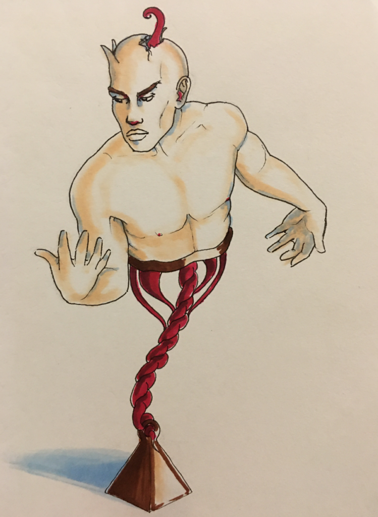 Color drawing of a man whose intestines are leading from his torso to a pyramid-shaped weight no the ground