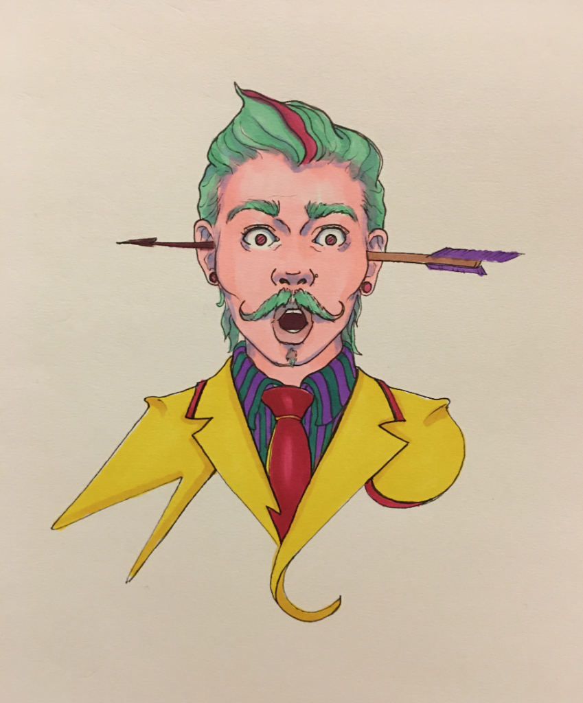a color drawing of a man with an arrow through his head, wearing a suit, with a shocked expression on his face