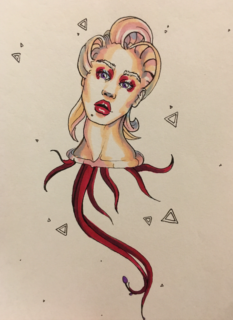 a color drawing of a floating alien head with tendrils falling out their neck