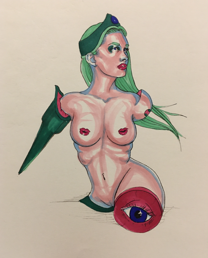 a color drawing of a sort of princess with amputated limbs, lips and eyes where the bones should be