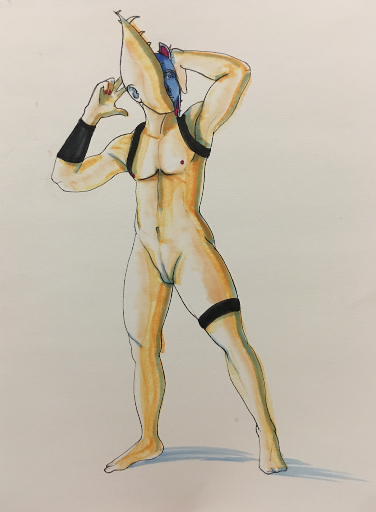 a color drawing of a nude man with his face nearly enclosed by what looks like a venus fly trap