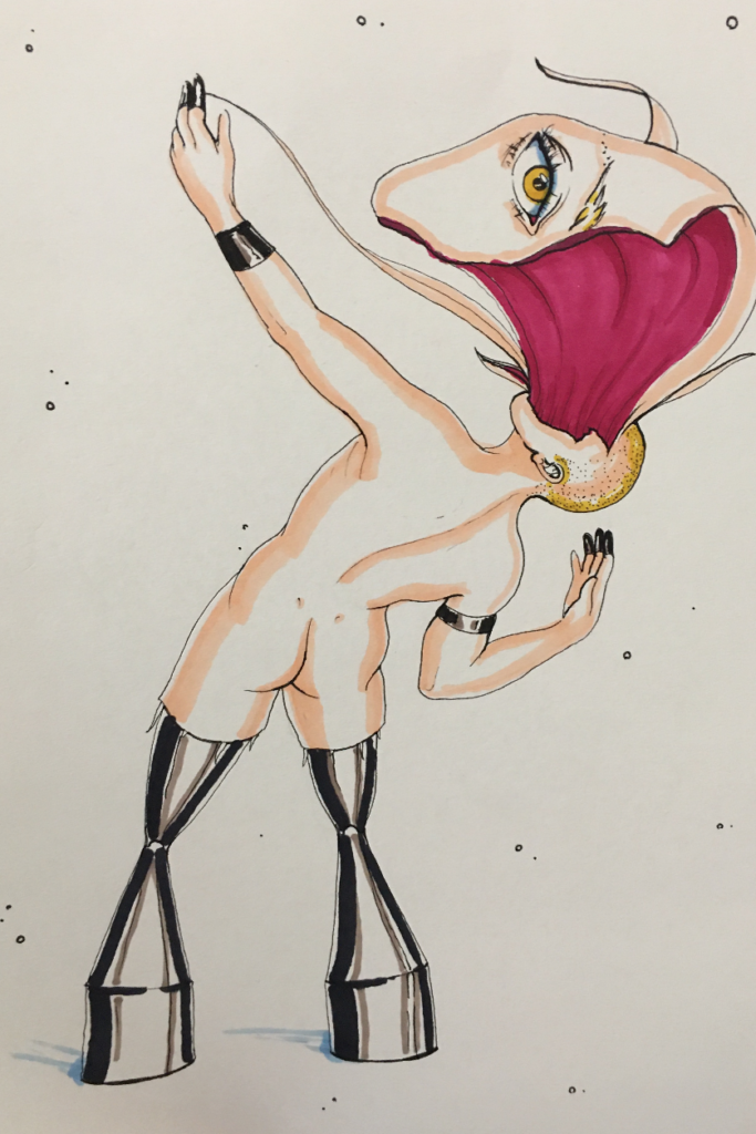 color drawing of a person bending backwards, their face rocketing out of their skull