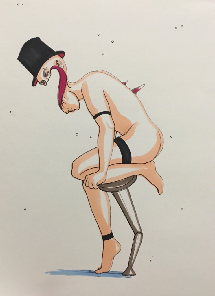 color drawing of a man with a warped face, balancing on a robotic stool