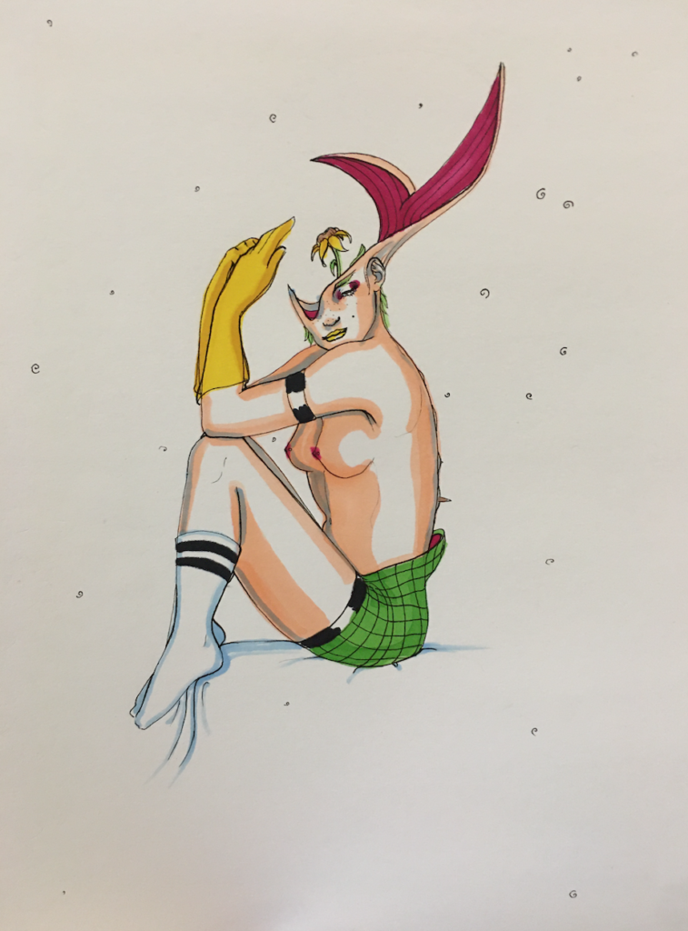 color drawing of a woman whose skull is exposed, revealing a flower growing