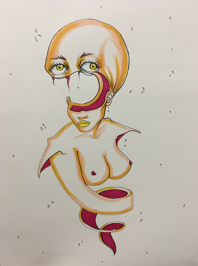 color drawing of a woman's bust, her arm turning into a skin ribbon, and the top half of her head separated from the bottom half
