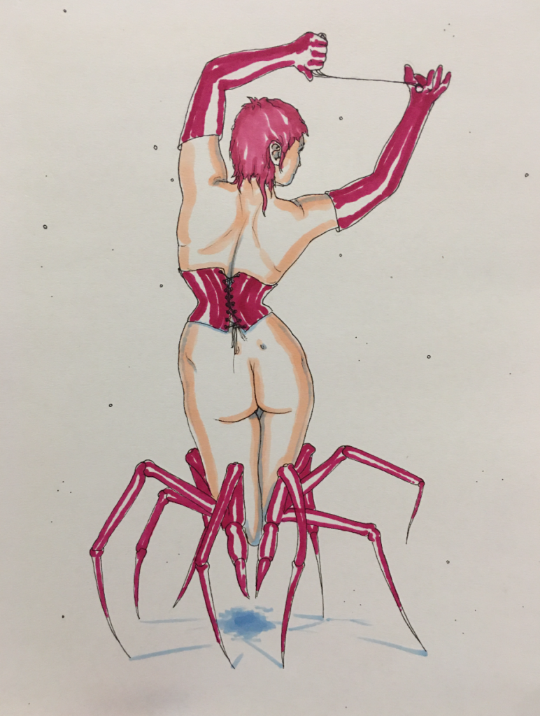 color drawing of a woman clad in latex, with a giant spider for legs