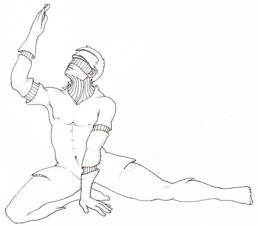 black & white drawing of a man with bits of skin exposed to show robotic insides