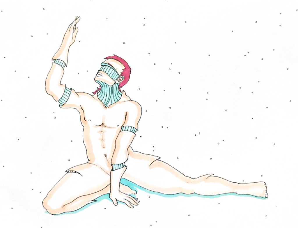 color drawing of a man with bits of skin exposed to show robotic insides